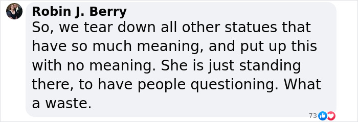 Comment by Robin J. Berry criticizing the statue of Black woman in NYC Times Square, sparking debate about its meaning. Comment by Robin J. Berry criticizing the statue of Black woman in NYC Times Square, sparking debate about its meaning.