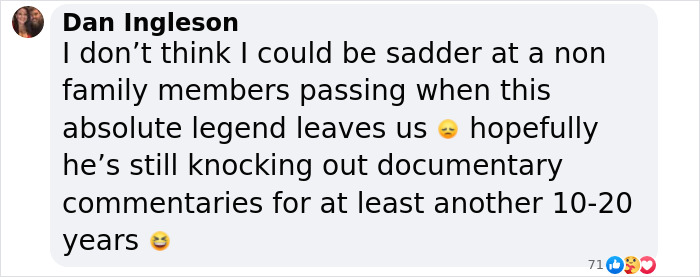 Screenshot of a social media comment expressing sadness over David Attenborough nearing the end of his life. Screenshot of a social media comment expressing sadness over David Attenborough nearing the end of his life.
