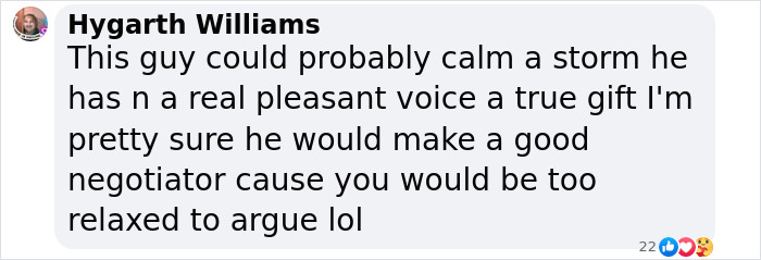 Comment box screenshot with a user praising David Attenborough’s calm and pleasant voice, highlighting his negotiation skills. Comment box screenshot with a user praising David Attenborough’s calm and pleasant voice, highlighting his negotiation skills.