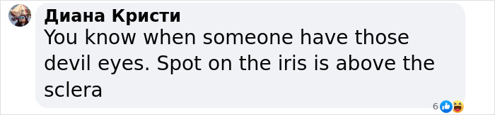 Comment in Cyrillic text discussing devil eyes and iris position in a social media post about Bella Thorne warning about Brooklyn Beckham wife Nicola Peltz. Comment in Cyrillic text discussing devil eyes and iris position in a social media post about Bella Thorne warning about Brooklyn Beckham wife Nicola Peltz.