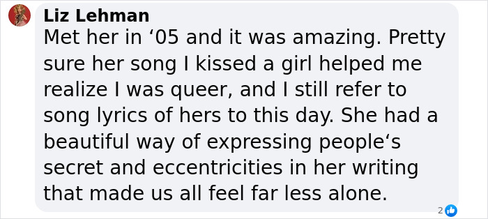 Comment about I Kissed a Girl singer Jill Sobule's impact, mentioning the song and its personal significance. Comment about I Kissed a Girl singer Jill Sobule's impact, mentioning the song and its personal significance.