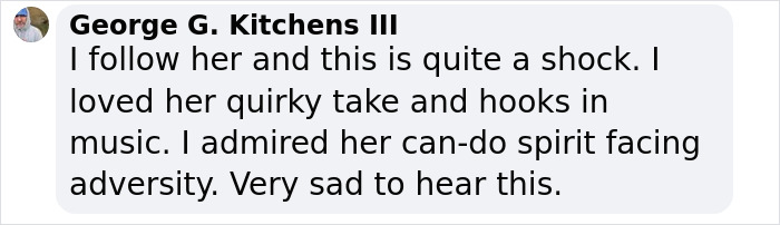 Comment from George G. Kitchens III expressing shock and admiration for singer Jill Sobule's spirit after her body was found in a house fire. Comment from George G. Kitchens III expressing shock and admiration for singer Jill Sobule's spirit after her body was found in a house fire.