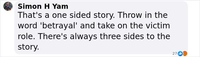 Comment by Simon H Yam discussing betrayal and the complexity of stories in an online social media post. Comment by Simon H Yam discussing betrayal and the complexity of stories in an online social media post.