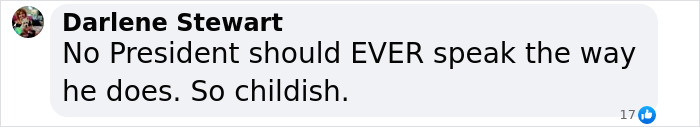 Facebook comment by Darlene Stewart criticizing a president's speech as childish, related to Taylor Swift and White House response. Facebook comment by Darlene Stewart criticizing a president's speech as childish, related to Taylor Swift and White House response.