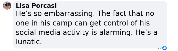 Facebook comment from Lisa Porcasi criticizing President Trump's social media activity as embarrassing and alarming. Facebook comment from Lisa Porcasi criticizing President Trump's social media activity as embarrassing and alarming.
