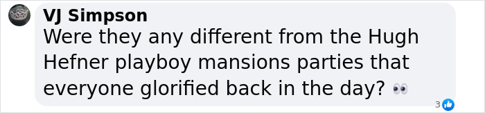 Comment comparing star-studded party photos deleted by Diddy to Hugh Hefner playboy mansion events. Comment comparing star-studded party photos deleted by Diddy to Hugh Hefner playboy mansion events.
