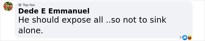 Facebook comment by Dede E Emmanuel expressing opinion about exposing others to avoid sinking alone during trial. Facebook comment by Dede E Emmanuel expressing opinion about exposing others to avoid sinking alone during trial.