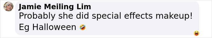 Facebook comment from Jamie Meiling Lim joking about special effects makeup related to airport facial recognition failure incident. Facebook comment from Jamie Meiling Lim joking about special effects makeup related to airport facial recognition failure incident.