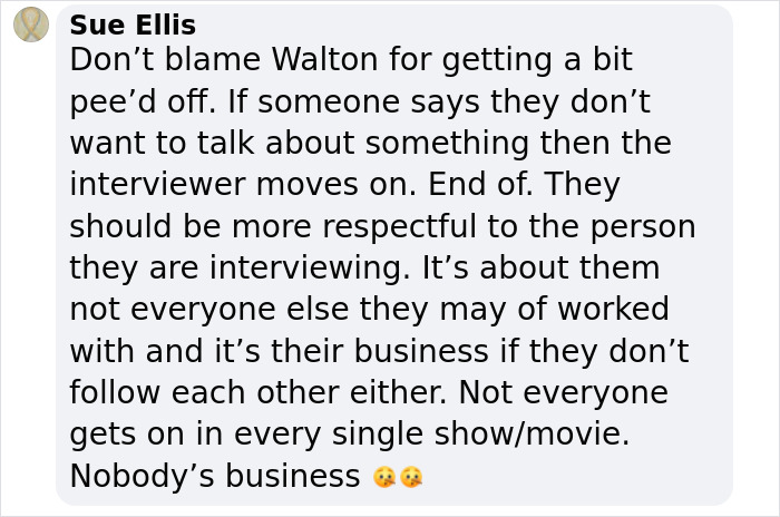 Comment from Sue Ellis defending Walton Goggins reacting to Aimee Lou Wood feud questions during interview. Comment from Sue Ellis defending Walton Goggins reacting to Aimee Lou Wood feud questions during interview.