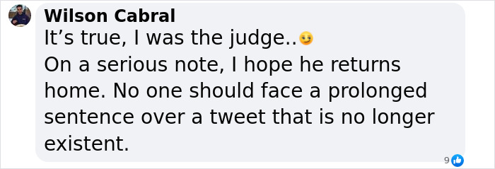 Comment by Wilson Cabral expressing hope for the father of four with 37 followers jailed over deleted tweet. Comment by Wilson Cabral expressing hope for the father of four with 37 followers jailed over deleted tweet.