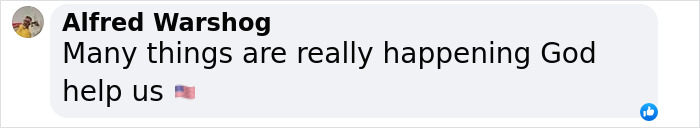 Comment by Alfred Warshog saying many things are really happening and God help us with an American flag emoji discussing moments before horrific DC plane crash. Comment by Alfred Warshog saying many things are really happening and God help us with an American flag emoji discussing moments before horrific DC plane crash.