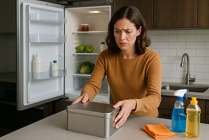 Woman in a kitchen looking worried as she holds a metal box of olives near cleaning supplies and an open fridge. Woman in a kitchen looking worried as she holds a metal box of olives near cleaning supplies and an open fridge.