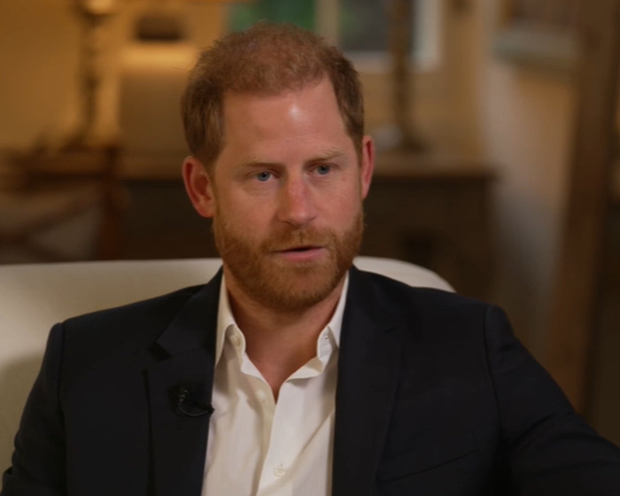 Prince Harry in a dark suit speaking during an interview about King Charles and claims involving Diana.