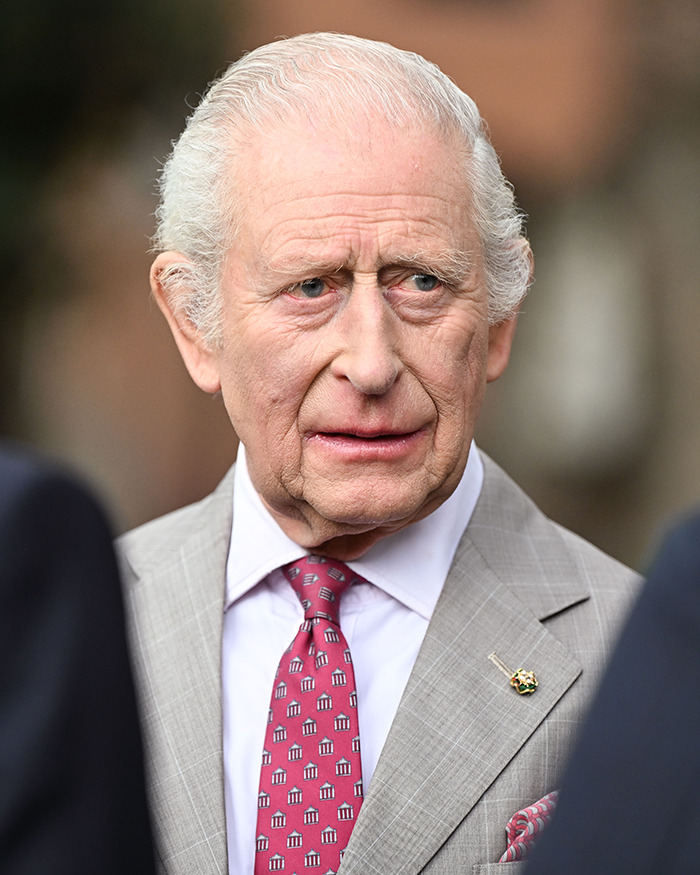 King Charles in a light grey suit and patterned red tie, looking serious in an outdoor setting.