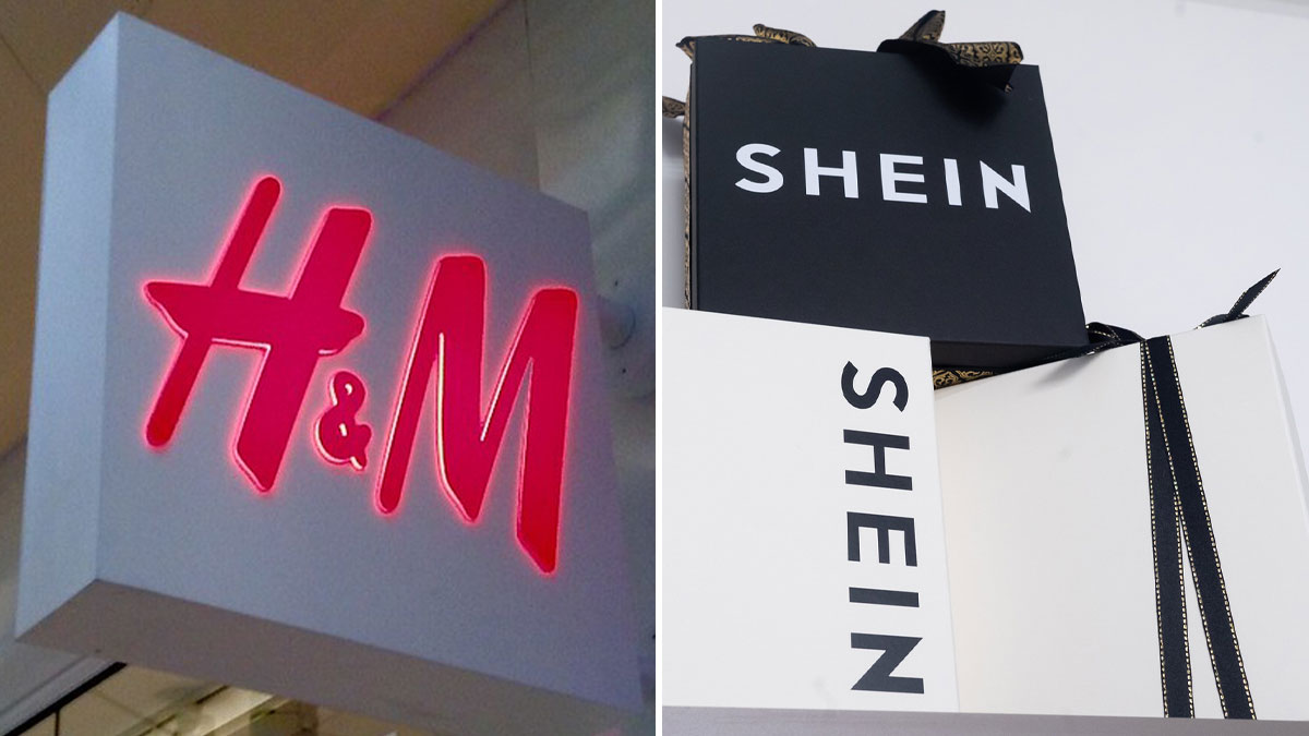 H&M store sign glowing red next to black and white Shein shopping bags representing propaganda brands avoided by consumers