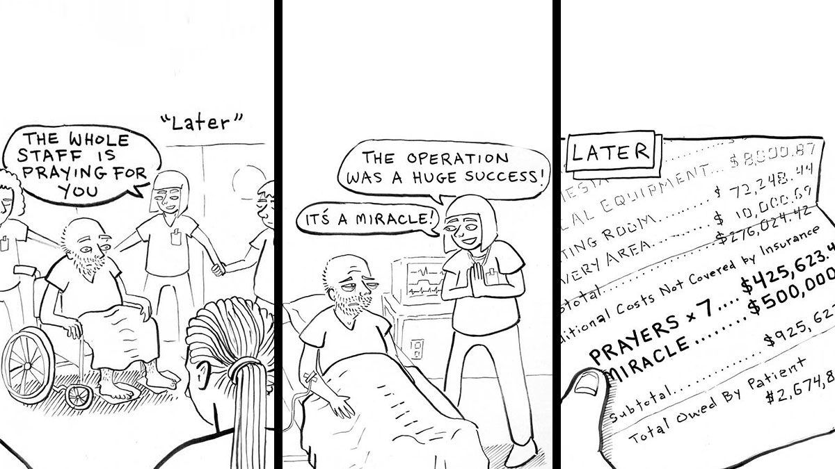 Comic strip by Mark Brinker showing how life can surprise you with unexpected hospital bills after a successful operation.