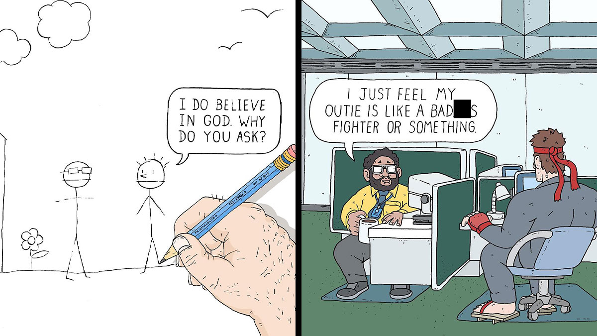 Hilarious comics featuring talking bugs and existential dread in hand-drawn and office cubicle settings.