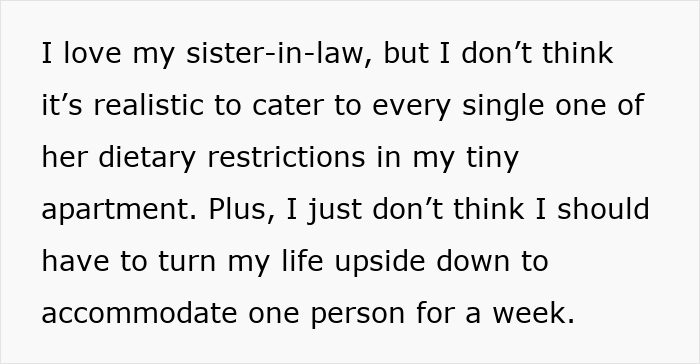 Text excerpt discussing challenges with a highly sensitive sister-in-law’s high demands and dietary restrictions. Text excerpt discussing challenges with a highly sensitive sister-in-law’s high demands and dietary restrictions.