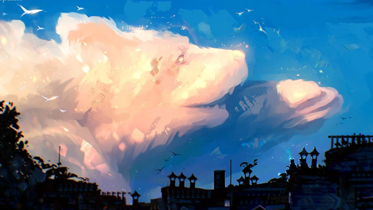 Fantastical worlds in sky clouds shaped like a glowing bear, by artist uncovering another reality with photo repainting.