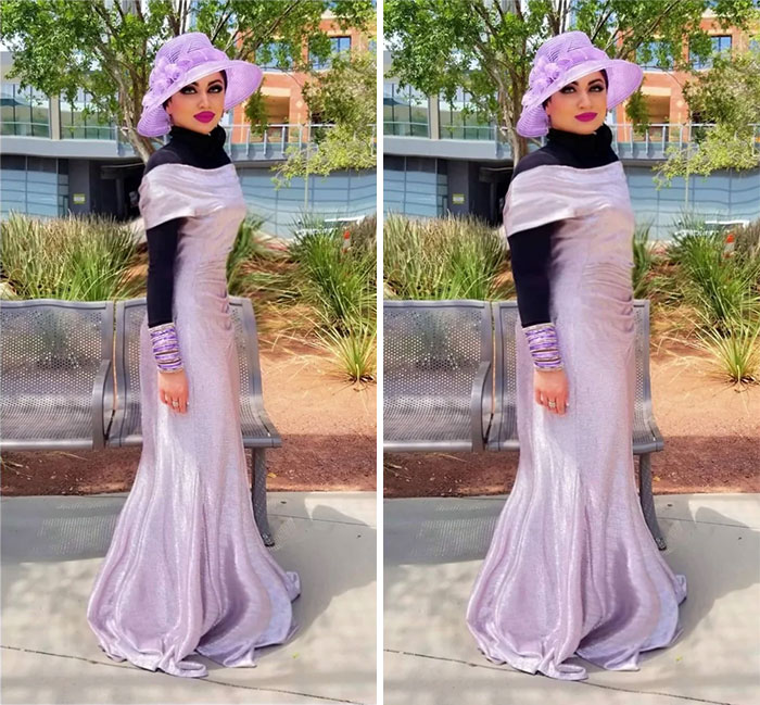 Woman in a shimmering lavender gown and matching hat outdoors, highlighting influencer heavy editing on Instagram posts.