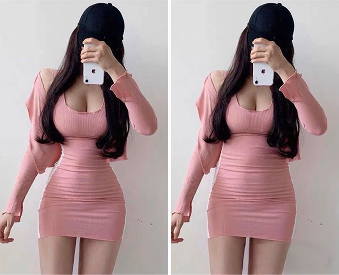 Influencer posing in pink dress with heavy editing on Instagram posts, showing altered body shape differences.
