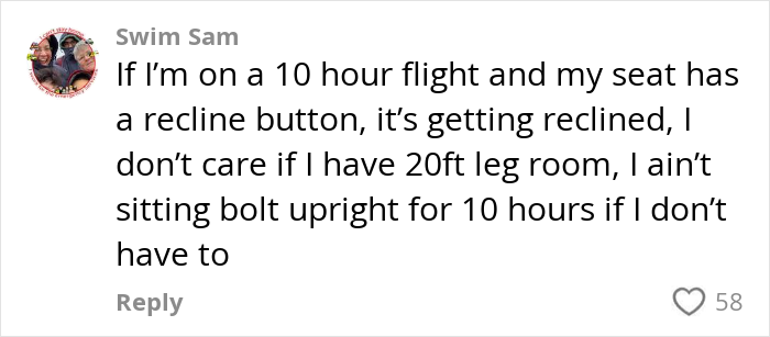 Comment about reclining seat on a long flight, highlighting plane passenger complaint and reaction debate. Comment about reclining seat on a long flight, highlighting plane passenger complaint and reaction debate.