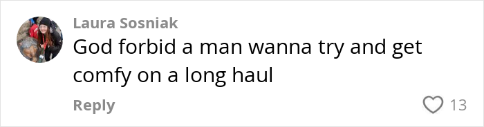 Alt text: Social media comment about a woman complaining about a plane passenger trying to get comfortable on a long flight Alt text: Social media comment about a woman complaining about a plane passenger trying to get comfortable on a long flight