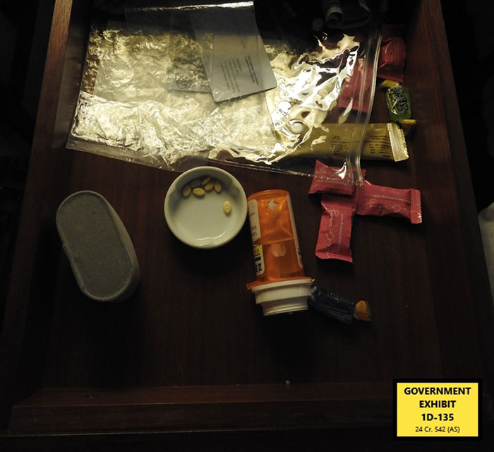 Close-up of items including pills, candy, and a prescription bottle in a drawer showing how Diddy prepared for Freak Off. Close-up of items including pills, candy, and a prescription bottle in a drawer showing how Diddy prepared for Freak Off.