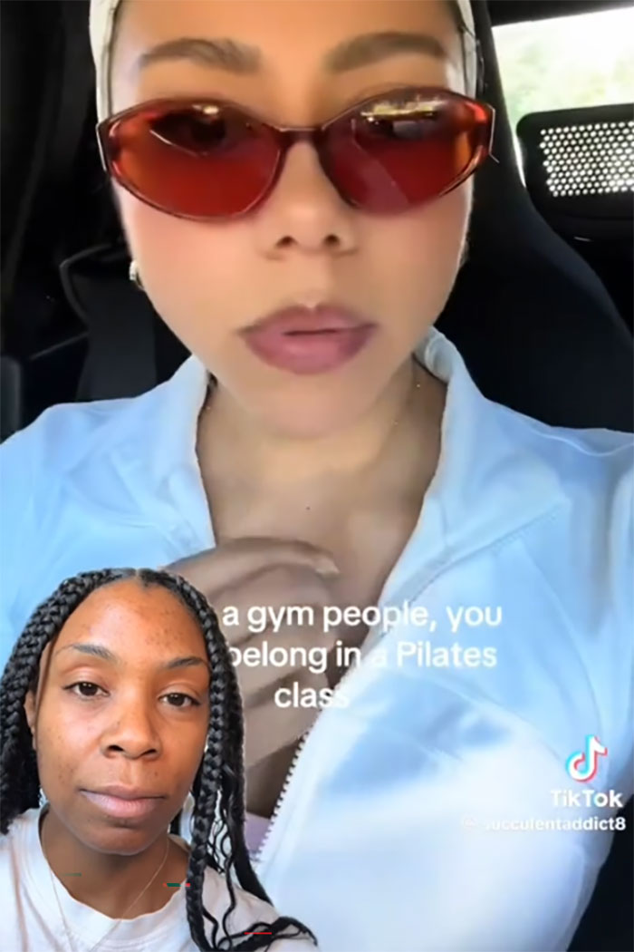 Woman wearing red sunglasses and white jacket with text overlay about Pilates and weight controversy on TikTok. Woman wearing red sunglasses and white jacket with text overlay about Pilates and weight controversy on TikTok.