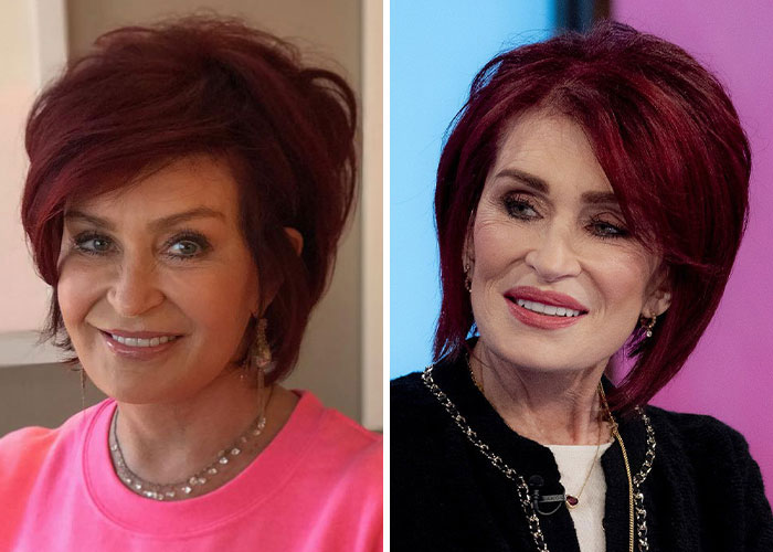 Sharon Osbourne with red hair, smiling and wearing casual and formal outfits, highlighting her appearance and weight management. Sharon Osbourne with red hair, smiling and wearing casual and formal outfits, highlighting her appearance and weight management.