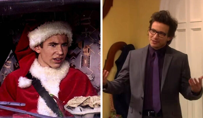 1990s celebrities in iconic roles, including a Santa outfit and a casual suit, representing 90s celebrities away from Hollywood screens.