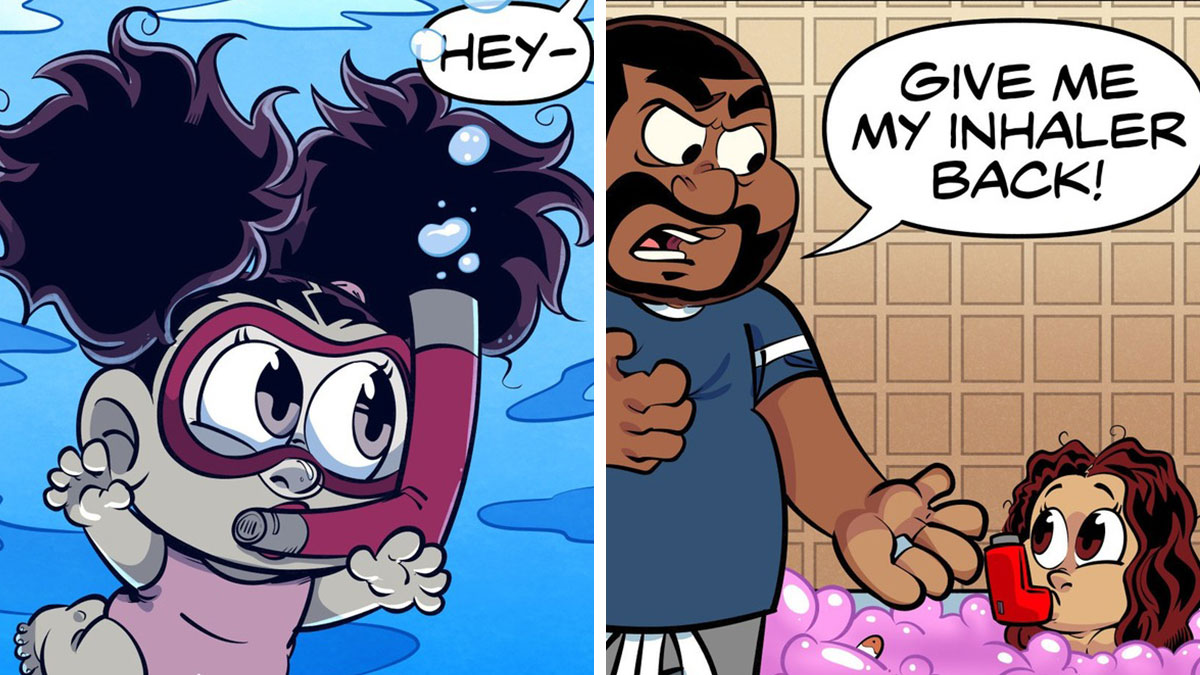 Comic panels from a hilarious stay-at-home parent series showing playful kids and a frustrated dad with an inhaler.