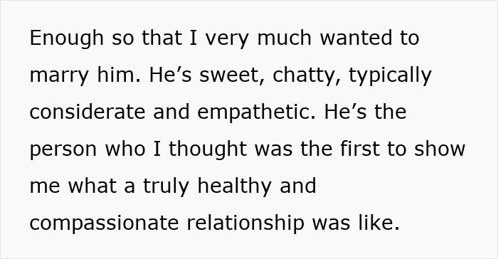 Text excerpt describing a healthy and compassionate relationship, related to stopping a boyfriend’s proposal at a wedding. Text excerpt describing a healthy and compassionate relationship, related to stopping a boyfriend’s proposal at a wedding.