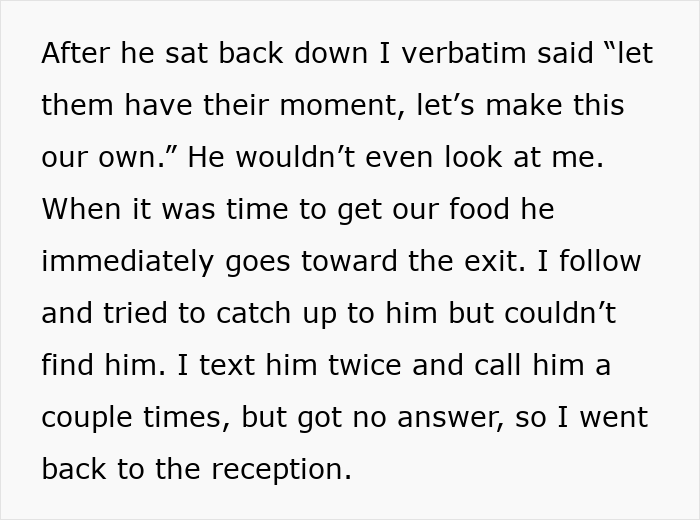 Text excerpt describing a tense moment after stopping a boyfriend's proposal at a best friend's wedding. Text excerpt describing a tense moment after stopping a boyfriend's proposal at a best friend's wedding.