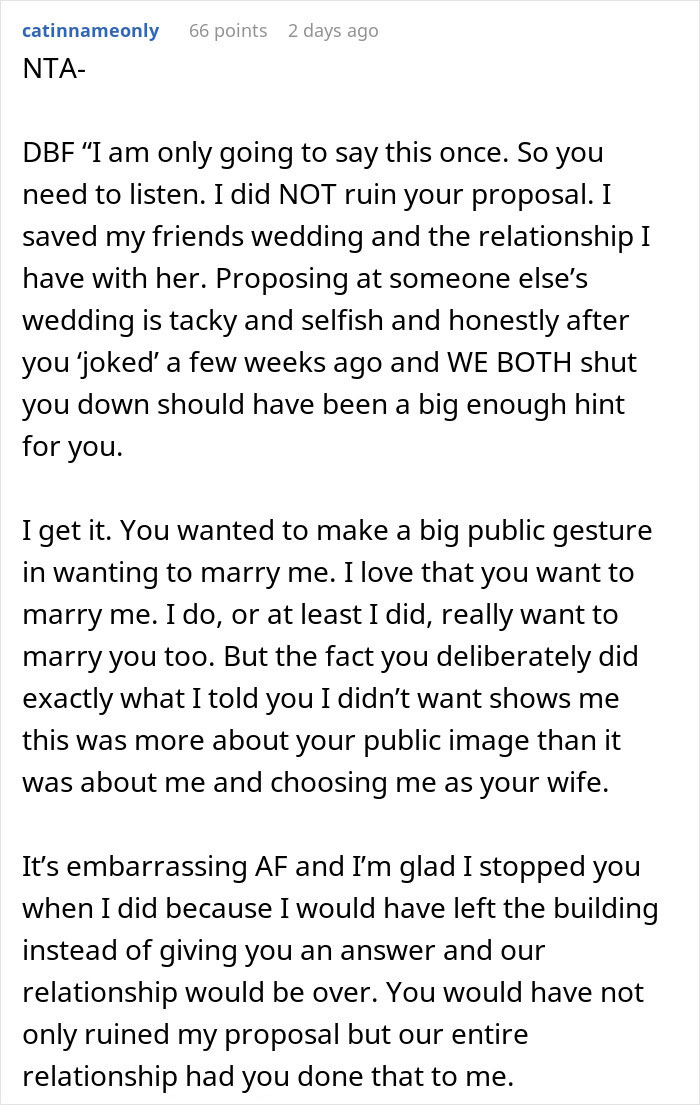 Screenshot of a forum comment discussing stopping a boyfriend’s proposal at a best friend’s wedding and relationship impact. Screenshot of a forum comment discussing stopping a boyfriend’s proposal at a best friend’s wedding and relationship impact.