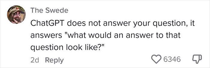 Meme showing a comment about ChatGPT answering what an answer would look like, with high likes. Meme showing a comment about ChatGPT answering what an answer would look like, with high likes.