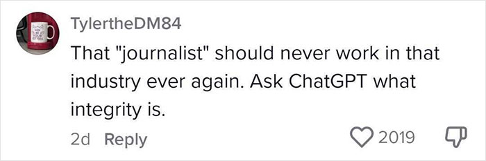 Screenshot of a social media comment criticizing a journalist's integrity related to 2025 summer reading list runs. Screenshot of a social media comment criticizing a journalist's integrity related to 2025 summer reading list runs.