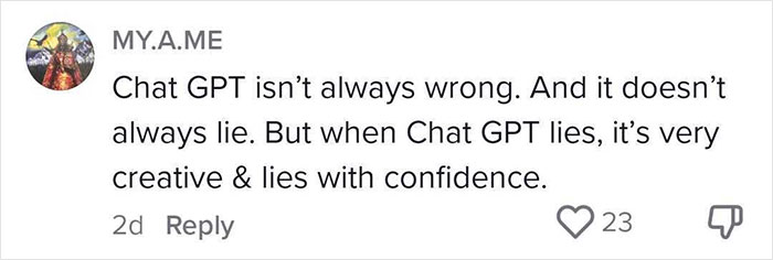 Screenshot of a social media comment about Chat GPT lying creatively, related to 2025 summer reading list runs in newspapers. Screenshot of a social media comment about Chat GPT lying creatively, related to 2025 summer reading list runs in newspapers.