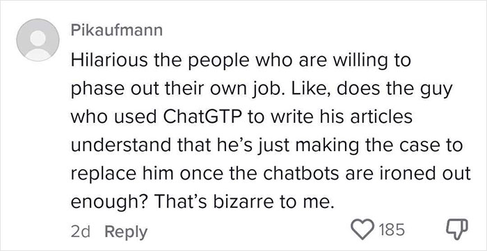 Comment discussing the use of chatbots and AI tools in writing and the impact on job security in online comments. Comment discussing the use of chatbots and AI tools in writing and the impact on job security in online comments.