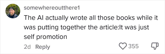 Screenshot of a social media comment suggesting AI created nonexistent books in 2025 summer reading list articles. Screenshot of a social media comment suggesting AI created nonexistent books in 2025 summer reading list articles.