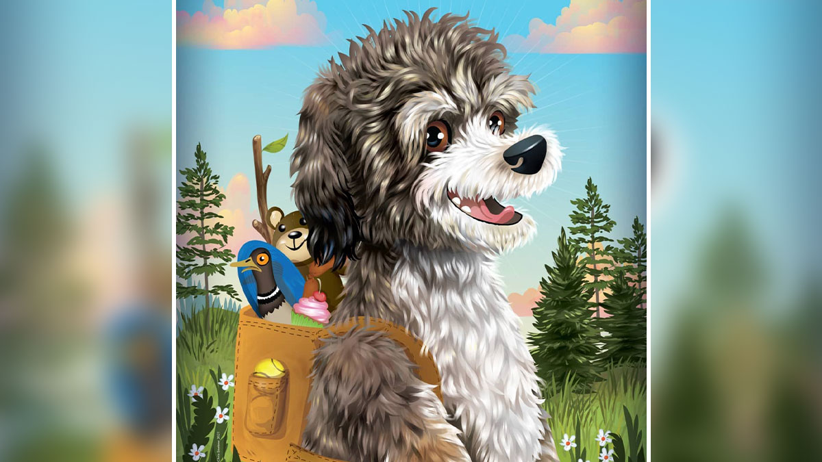 Illustration of a happy dog with a backpack filled with toys in a vibrant outdoor pet portrait scene by Chris Beetow.