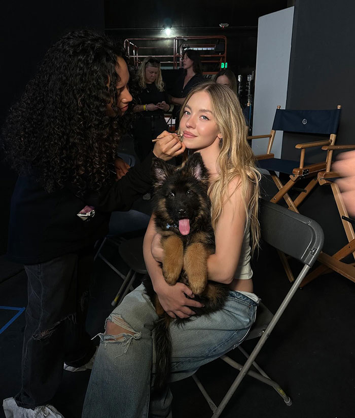 Sydney Sweeney holding a puppy backstage while getting makeup done, relating to Met Gala puppy controversy. Sydney Sweeney holding a puppy backstage while getting makeup done, relating to Met Gala puppy controversy.