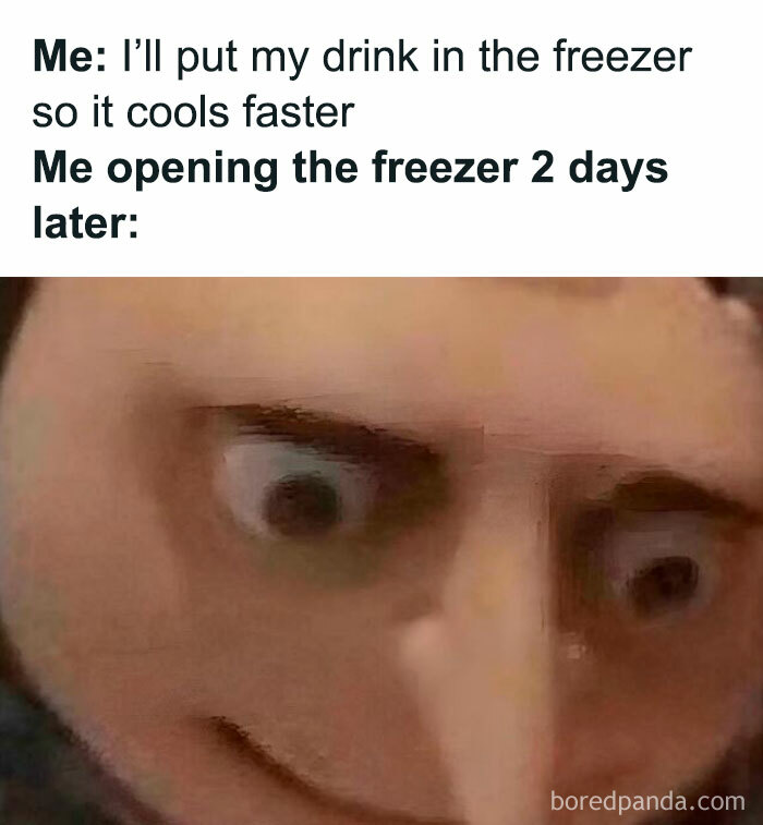 Close-up of a surprised face meme illustrating common human experience in relatable memes about freezing drinks.
