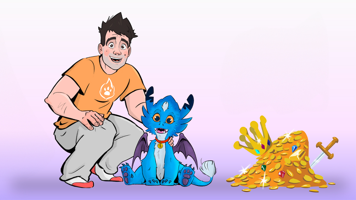Man crouching beside a blue pet dragon with wings, next to a sparkling treasure pile with a crown and sword.