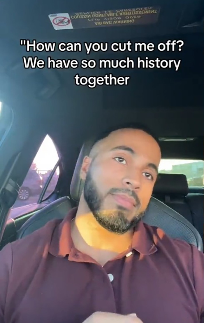 Man with beard sitting in a car, appearing thoughtful, with text about cutting off history, toddler covered in blood mentioned. Man with beard sitting in a car, appearing thoughtful, with text about cutting off history, toddler covered in blood mentioned.