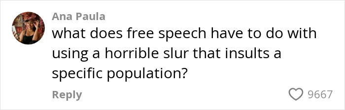 Comment by Ana Paula questioning free speech and use of a horrible slur, related to trad-wife influencer controversy Comment by Ana Paula questioning free speech and use of a horrible slur, related to trad-wife influencer controversy
