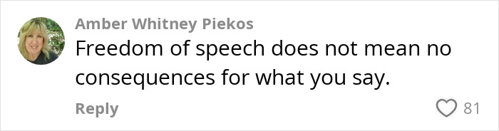 Comment from Amber Whitney Piekos on freedom of speech and consequences, related to trad-wife influencer controversy. Comment from Amber Whitney Piekos on freedom of speech and consequences, related to trad-wife influencer controversy.