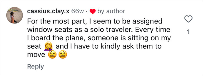 Screenshot of a social media comment discussing solo travel and challenges of getting the best plane seat. Screenshot of a social media comment discussing solo travel and challenges of getting the best plane seat.