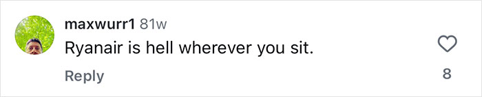 Comment on social media about Ryanair seats, discussing travel expert tips for getting the best plane seat based on timing. Comment on social media about Ryanair seats, discussing travel expert tips for getting the best plane seat based on timing.