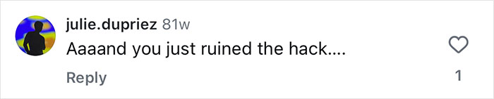 Screenshot of a social media comment from user julie.dupriez reacting to a travel tip about getting the best plane seat timing. Screenshot of a social media comment from user julie.dupriez reacting to a travel tip about getting the best plane seat timing.
